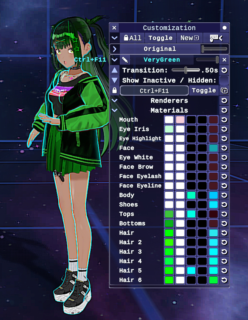 Customization menu example with the sample mode's hair and outfit having been turned to different shades of green.